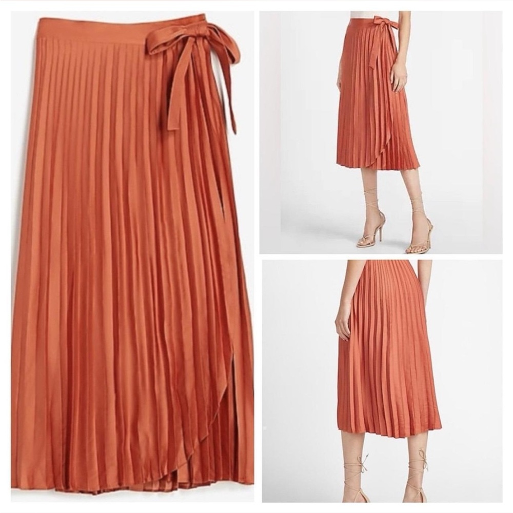 Express pleated satin wrap skirt